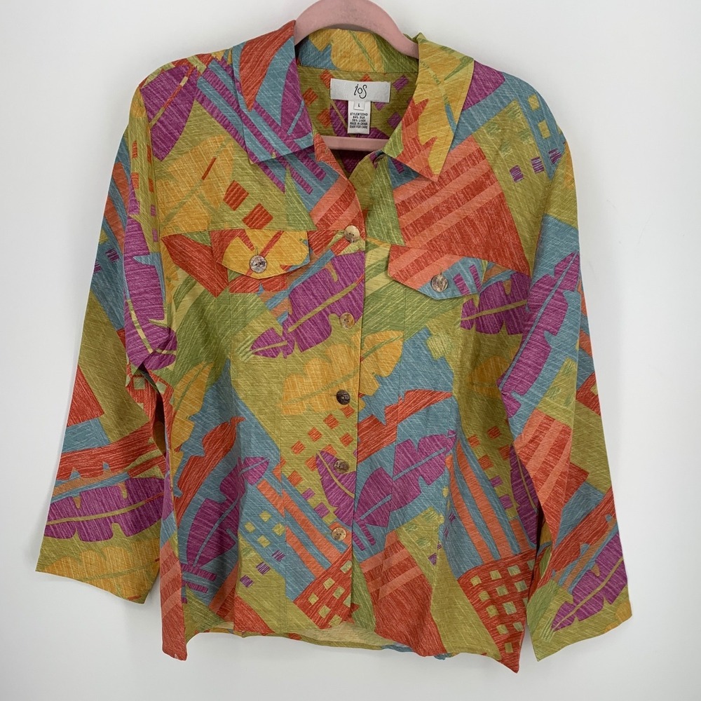 IOS Colorful Silk Linen Abstract Print Button Front Shirt Large